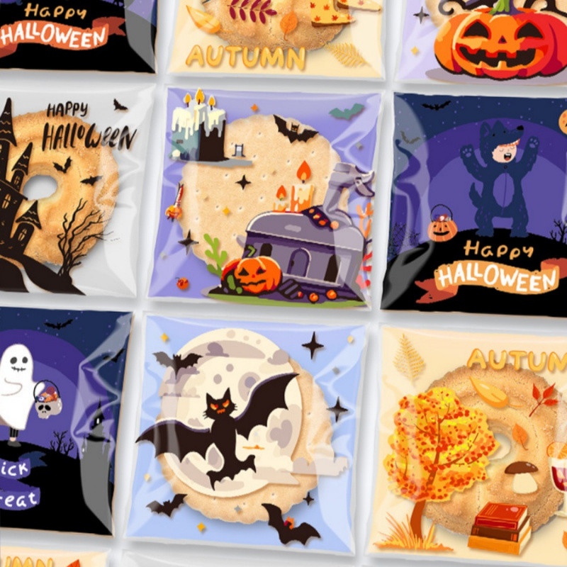 

100pcs Halloween Candy Packaging Bags Thanksgiving Cookie Chocolate Bags Pumpkin Bat Ghost Maple Leaf Baking Self-Adhesive Bags