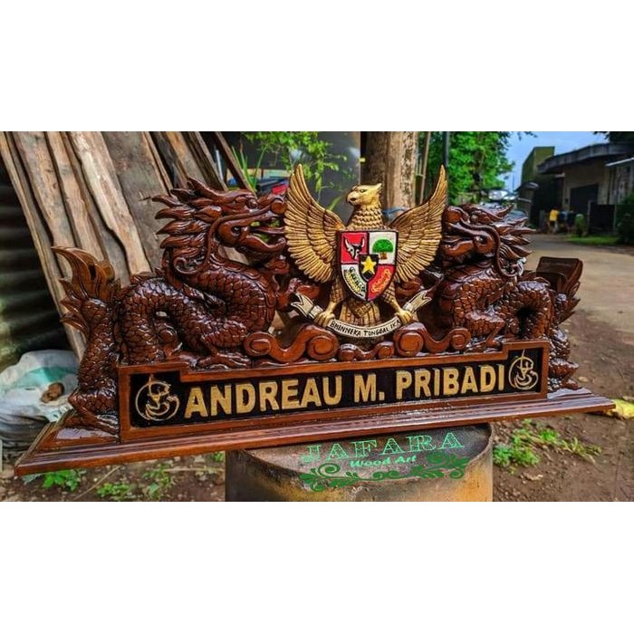 Papan Nama Jabatan/Papan Nama Meja Kayu Jati Ukiran Naga dan Garuda