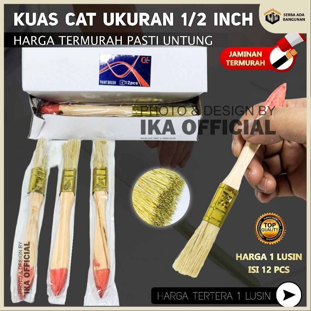 SAB Kuas cat tembok / serbaguna gagang kayu 1/2 in bagus termurah kuat kuas cat 0.5" inchi 1Lusin ku