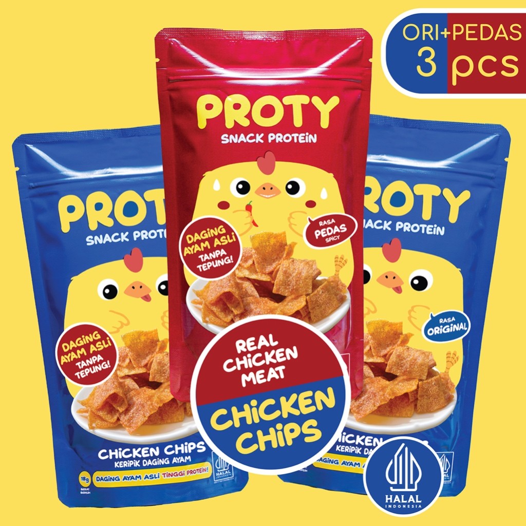 

PROTY Camilan Protein Chicken Chips Ori(2 pcs)+Pedas(1 pcs) Snack Cemilan Berprotein Tinggi
