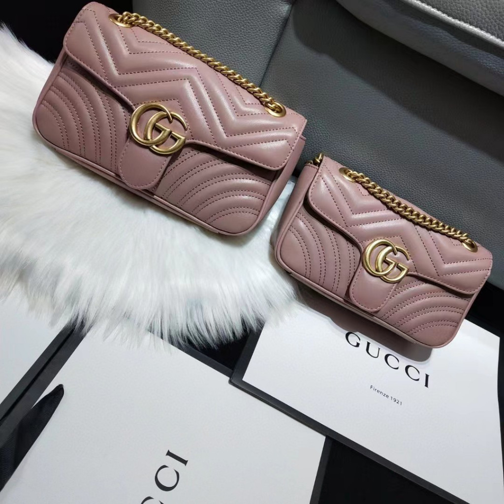 【 Special price clearance 】+ [READY INDONESIA+Box] Women's Leather Pink GG Marmont Wavy Leather Chai
