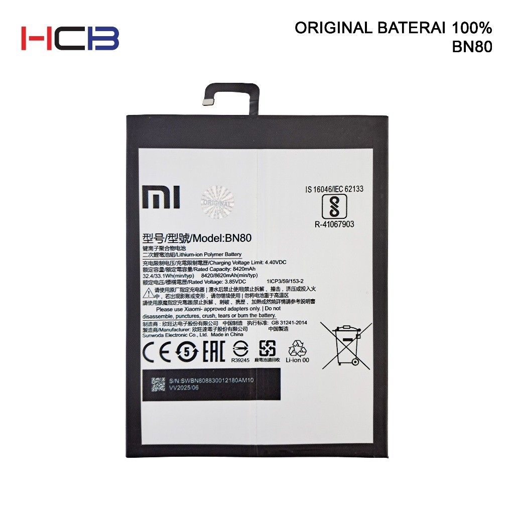 Baterai ORIGINAL HCB BN80 BATERY XIAOMI MI PAD 4 PLUS ORIGINAL 100% Battery Batteray Batere Batrai B