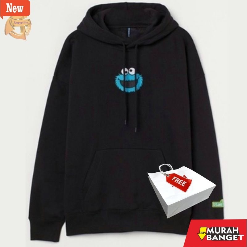 hoodie pria recomended shopee Hoodie Sesame Street Elmo Hitam HM Black Pria Wanita Full Tag Free Pap