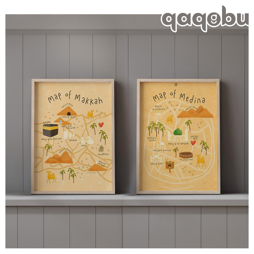 Bingkai Poster A3 Sepaket 2PCS Map of Mecca Medina Dekorasi Dinding Aesthetic Pigura Kayu Dekorasi R
