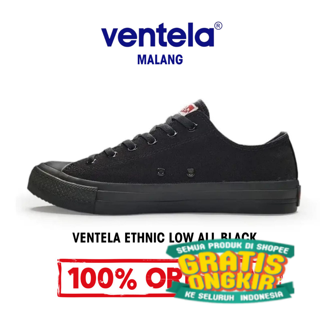 Sepatu Ventela Ethnic Low All black Original 100% Sepatu Sekolah Full Hitam Polos/ Back to school co