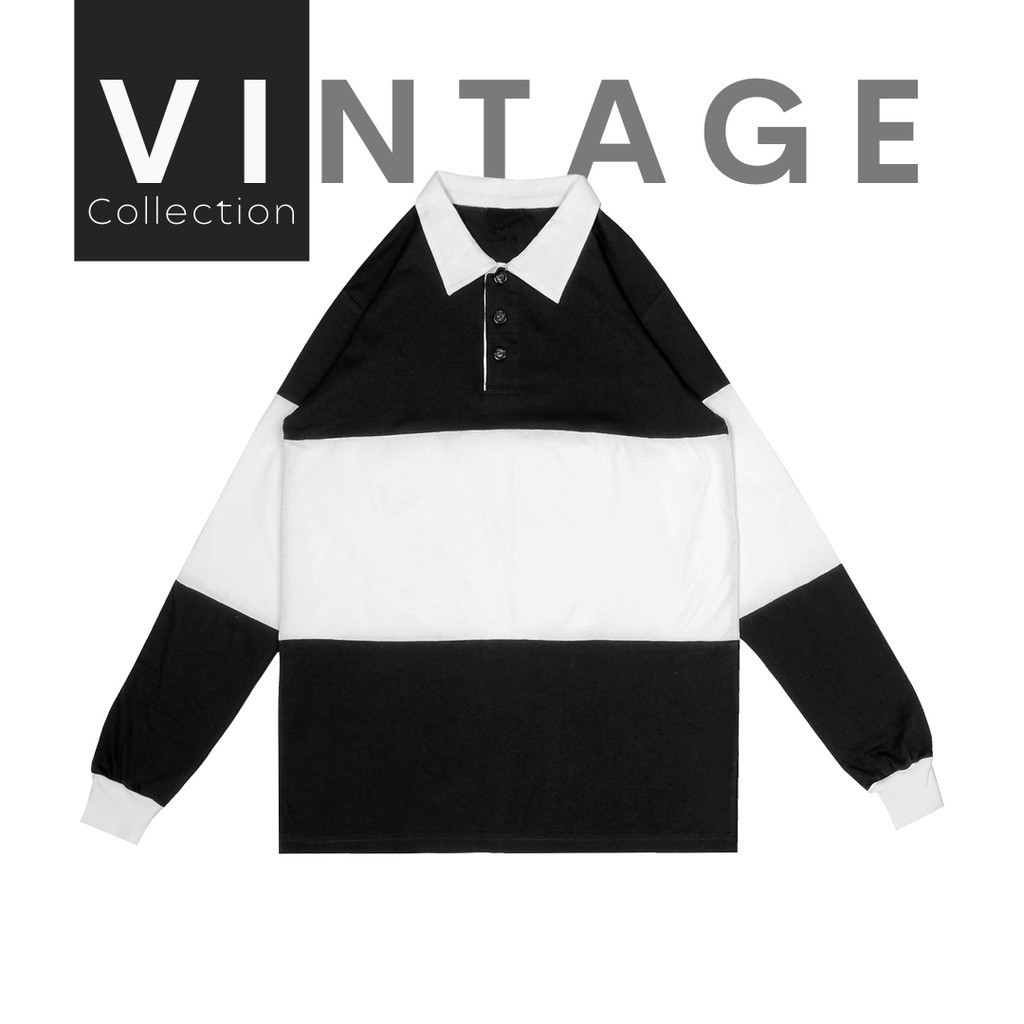 VINTAGE Rugby Polo Shirt Kaos Pria Wanita Lengan Panjang T-shirt Oversize