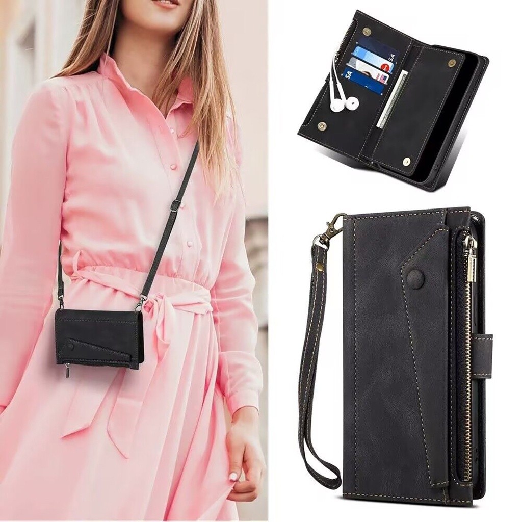 Kasus Kartu Untuk Samsung S24 Ultra Dengan Diagonal Strap Lanyard Cards Slot Kasus Kulit Flip Kasus 