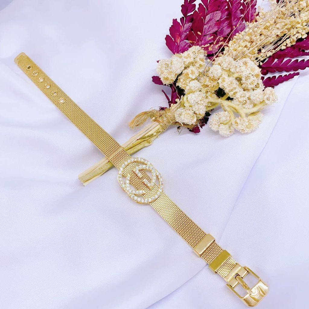 Gelang Wanita Titanium Fashion Korean Gold 24k Rantai Jam Permata