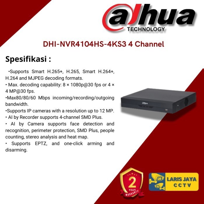 NVR Dahua 4 Channel DHI-NVR4104HS-4KS3 4K Series