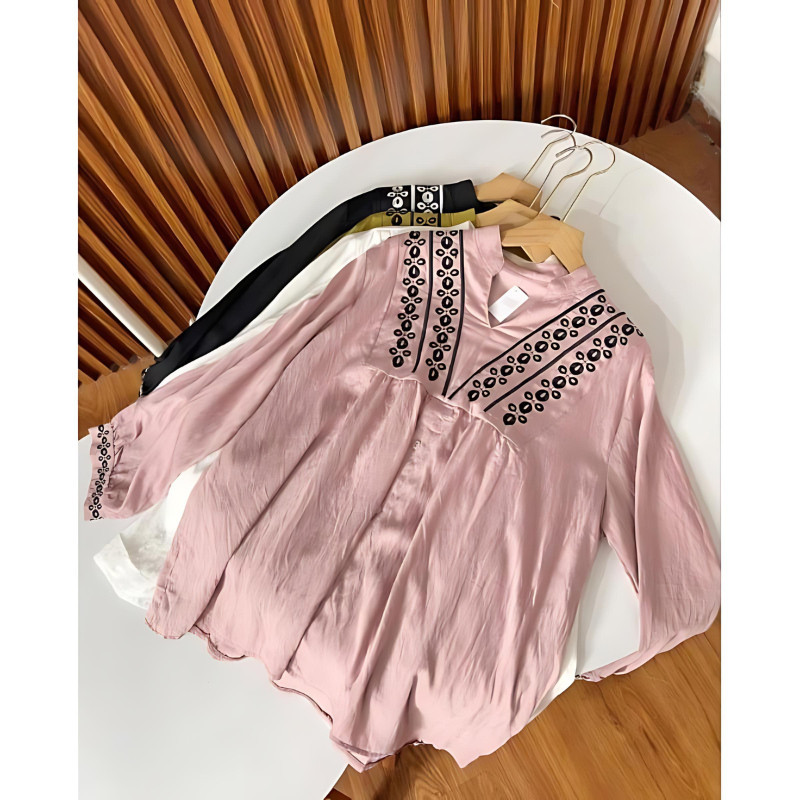 Azura Blouse Bordir - BLOUSE BORDIR V PURE Crincle - Shakila Top atasan blouse bordir wanita kemeja 