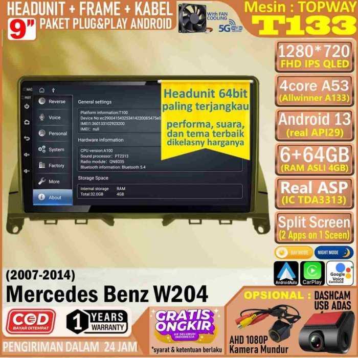 Paket Headunit Android 9 inch + Frame + Soket PNP Mercedes Benz W204 Topway T133 RAM 6GB-ROM 64GB-IP