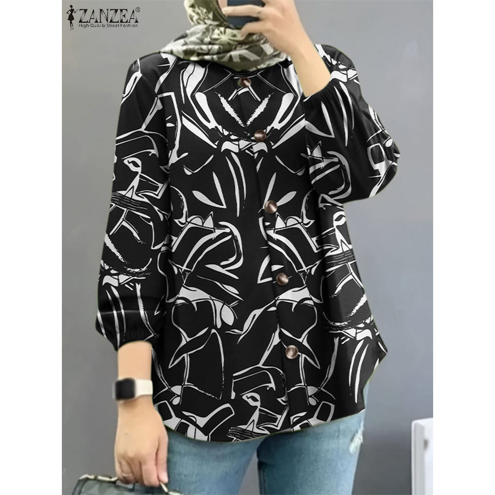 

ZANZEA Woman Muslim Blouse Casual Puff Sleeve O-Neck Blusas Bohemian Floral Printed Tunic Tops Elegant OL Islamic Clothing 2023