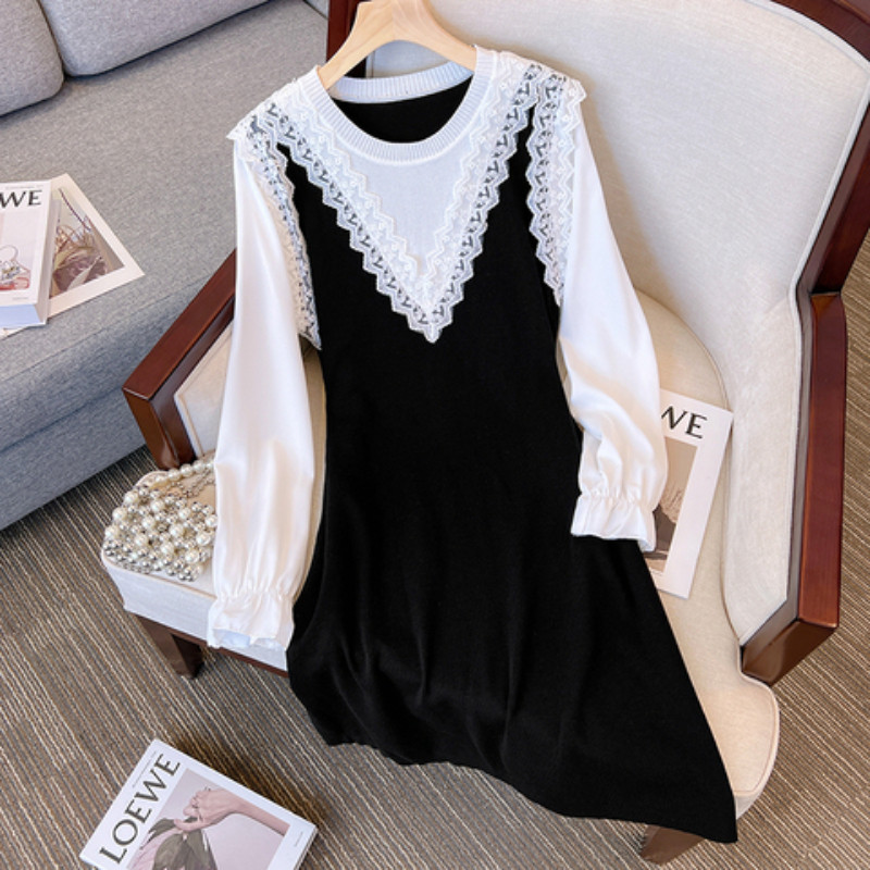 Autumn/Winter French Style Lace Patchwork Fake Two Piece Pregnant Women's Breastfeeding Dress Elegan