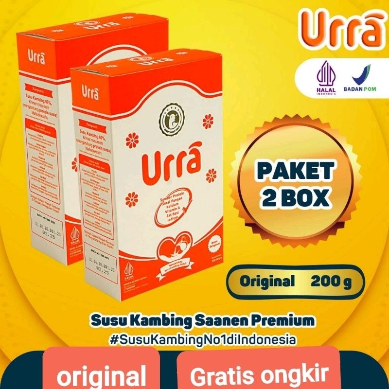 

0[ PAKET 2 BOX ] SUSU URRA - Susu Kambing Saanen Bubuk Premium - Anti Prengus Sumber Protein Tinggi Nutrisi dan Kalsium - 200gr Halal BPOM