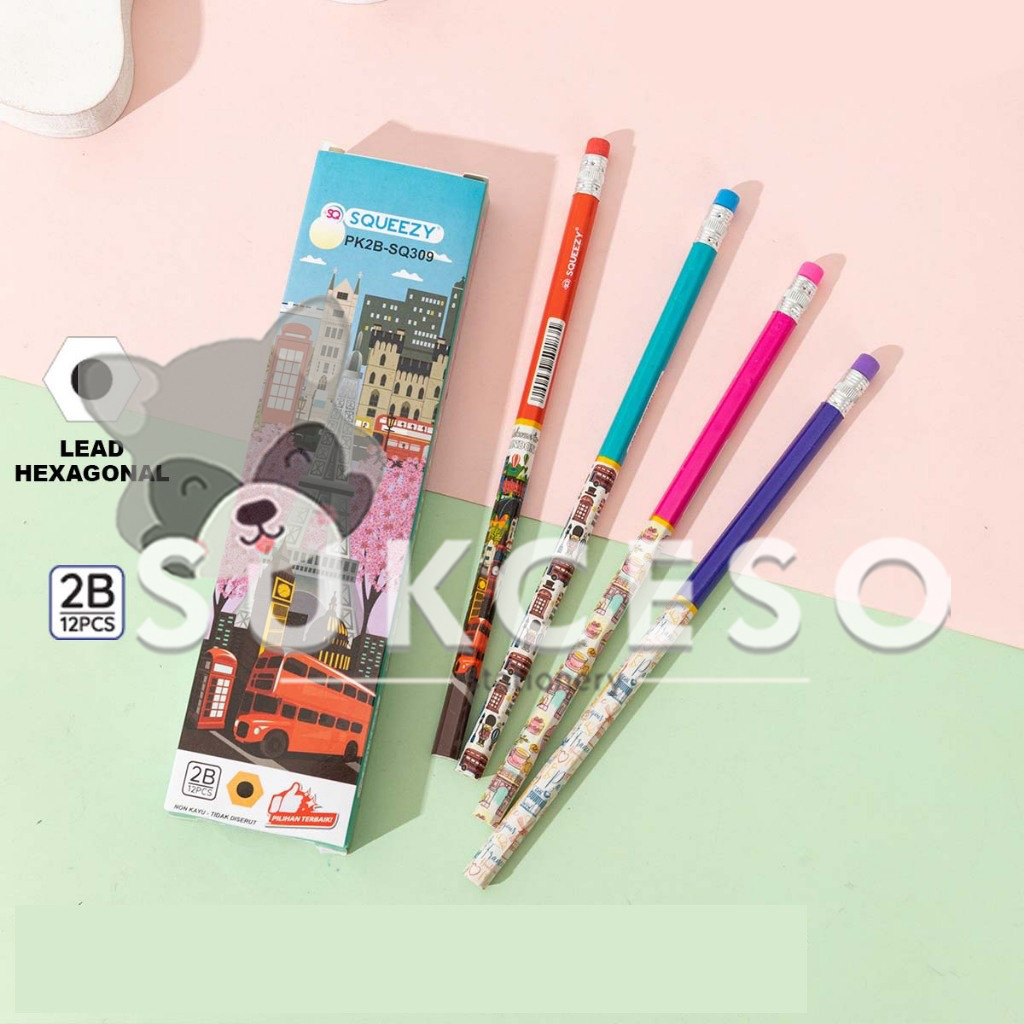 

SQUEEZY Pencil 2B Paris London + Penghapus PK2B-SQ309 LUSINAN / Isi 12 Pensil