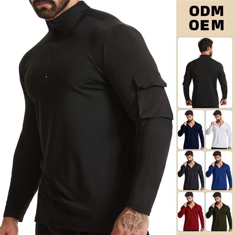 Man Running T-shirt Quick Dry Long Sleeve Sport Top With Pocket Men Fitness Half Zipper Mountaineer 