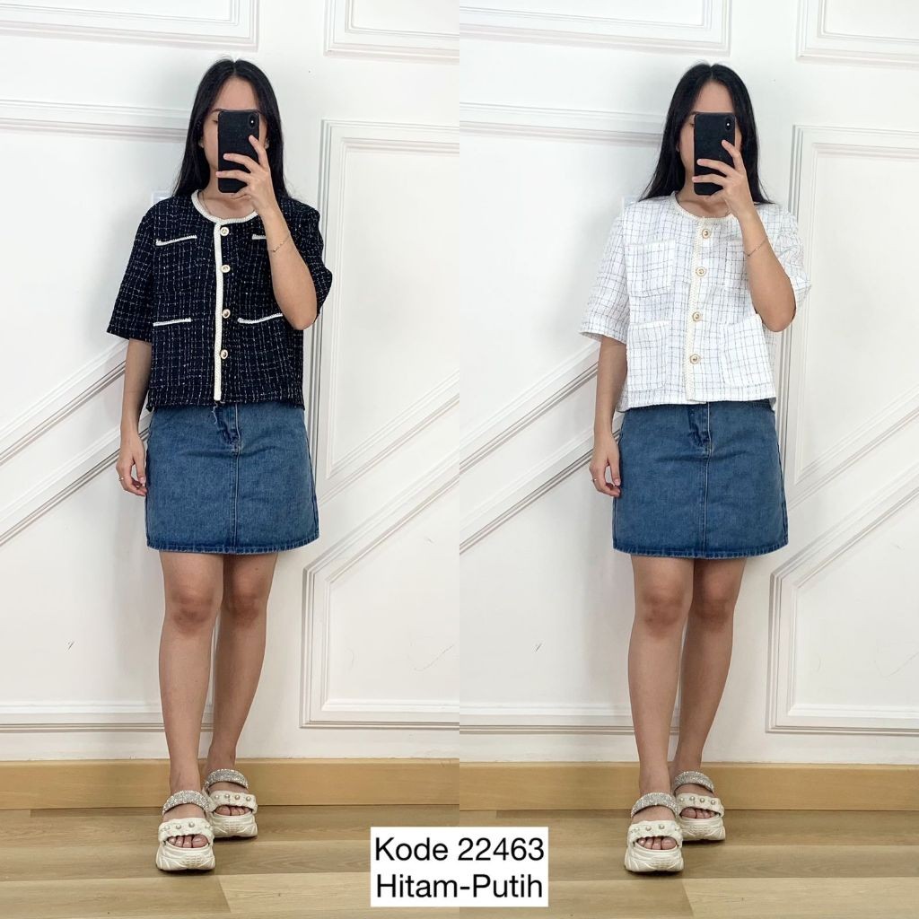 OUTER BLAZER TWEET COCO ANGEL LENGAN PENDEK MODEL TWEET MOTIF KOTAK VARIASI RENDA LIST GOLD EMPAT PO