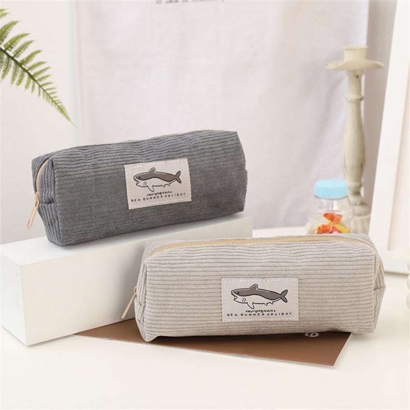 

Cute Corduroy Pencil Case Little Shark Embroidery Pen Bag Pouch Gift For Girls&Kids School Office Stationery Organizer Supplies