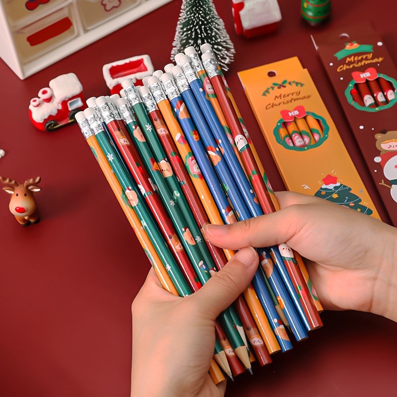 

6 Pcs Pensil Natal Dengan Kotak Penghapus Gambar Anak-anak Hadiah Natal Berwarna-warni Yang Lucu