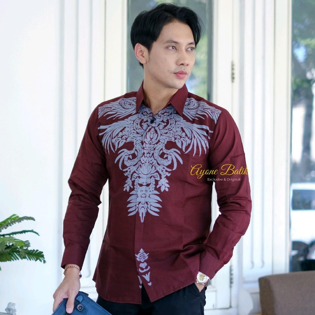 Kemeja batik pria lengan panjang GADING MERAH batik pria warna Burgundy mewah baju batik lengan panj