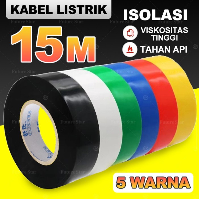 

Lsolasi Kabel Lisrik Electrical Tape 15 Meter Panjang PVC Multi Color Electrical Wiring Cable Insulation Circuit Wiring Heavy Duty Waterproof for Home&DIY Automotive Repairs Alat Perkakas Hitam Biru Kuning KEDAP AIR RUBBER SELF FUSING TAPE S20