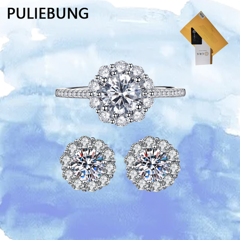 PULIEBUNG - Set Perhiasan Anting Cincin Terbuka Bunga Matahari Moissanite Gaya Korea
