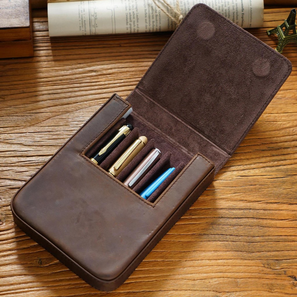 

Luxury Genuine Leather 6 Slots Pen Case With Removable Pen Tray Holder Pencil Case School Office Supplies Retro Pen Box Pouch
