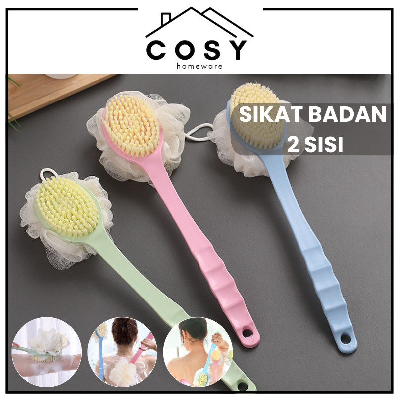 Sikat Badan Punggung Mandi Spons Puff Penggosok Badan Gagang Panjang Sikat Mandi 2 Sisi Spon dan Bul