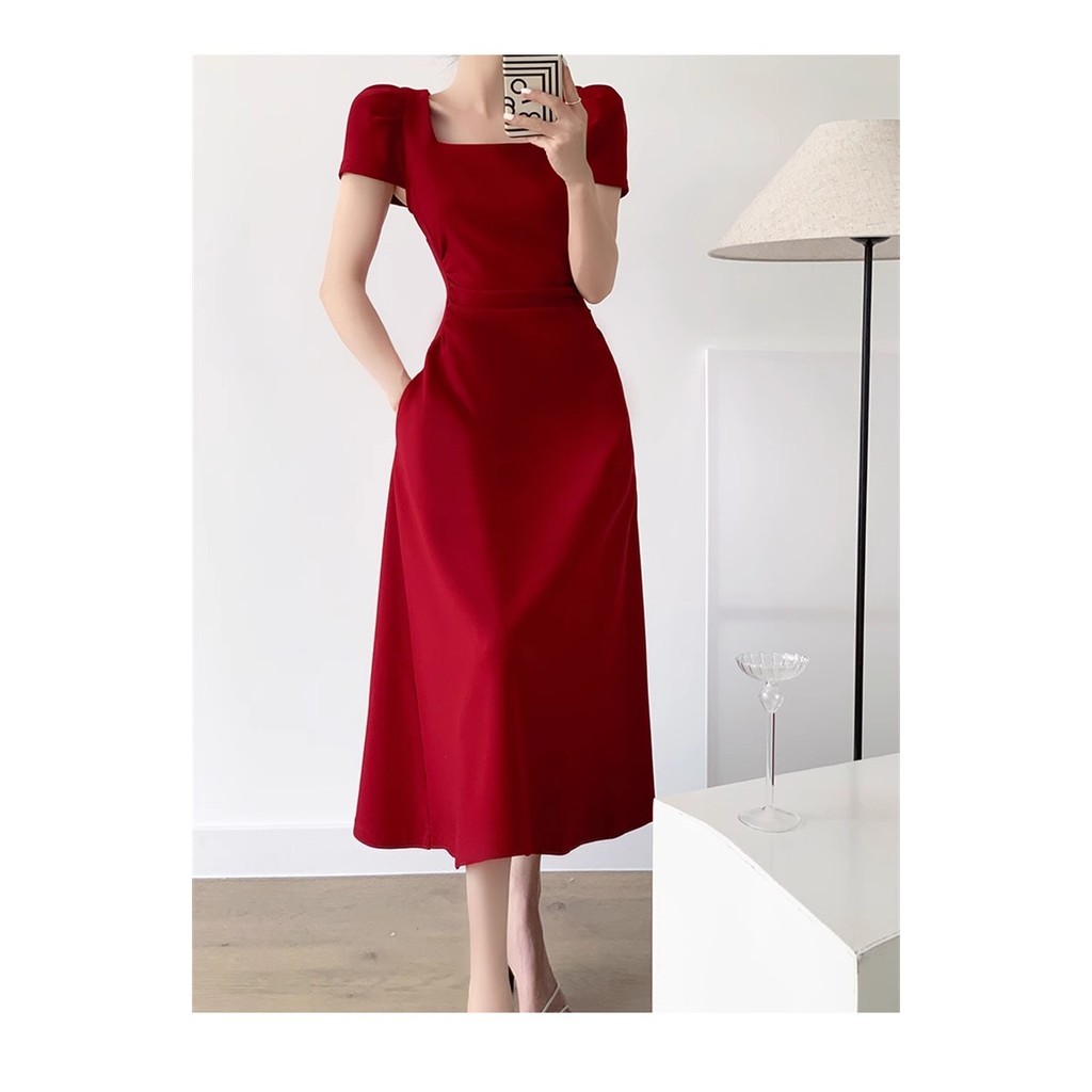 dress merah polos pantai panjang wanita korea style summer baju red midi dress simple elegan formal 