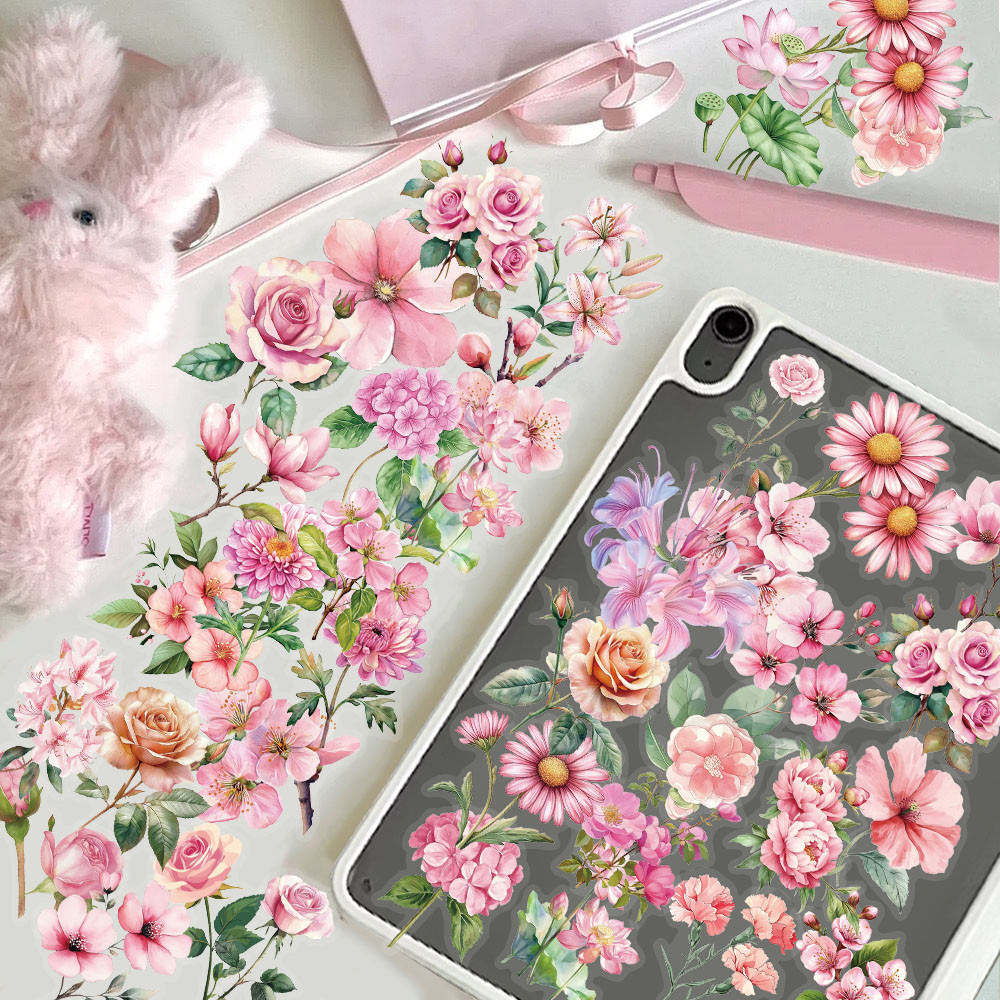 

50PCS Pink Flower Series Plastic Stickers Luggage Handbook Material Retro Flower Plant Waterproof Stickers