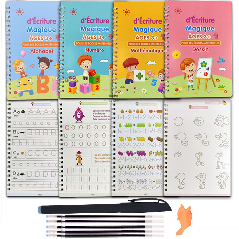 

4pcs French Magic Practice Copybook Pen Preschools Kids Calligraphy Notebook Children Reusable Français Writing Book Age 3-8