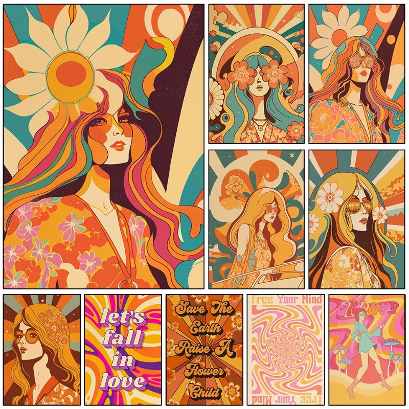 

70s Hippie Retro Fashion Series Poster Print Canvas Art Pictures Home for Living Room and Bedroom Wall Decor Frameless Painting