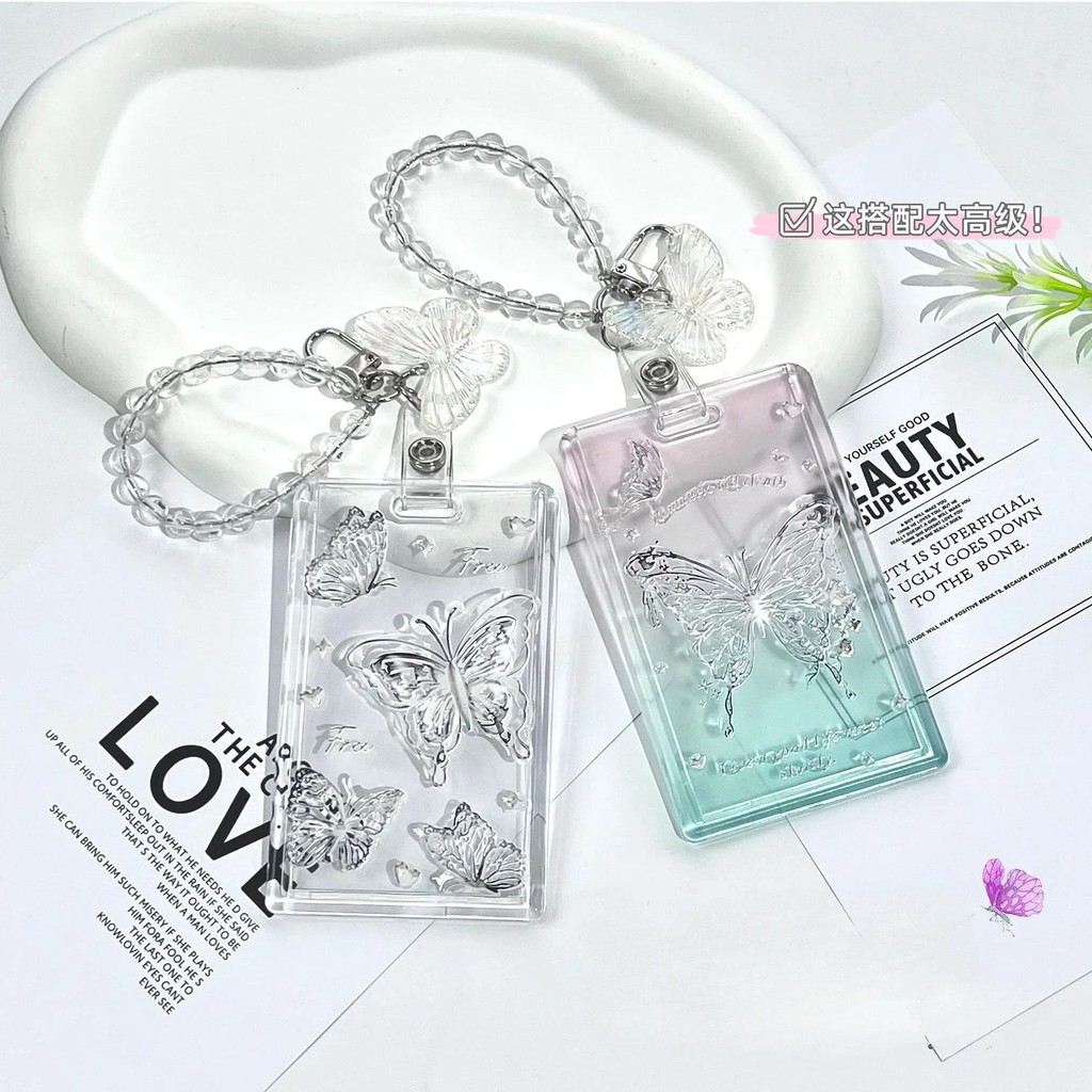 

INS Aesthetic Clear Butterfly Relief Id Card Holder Office Student Subway Bus Meal Card Case Girl Kpop PhotoCard Holder Keychain