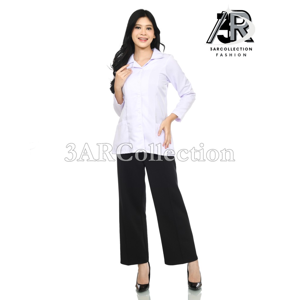 Set Seragam Dinas Wanita Putih Hitam - Kemeja Putih & Rok/Celana Hitam dengan Saku Bawah