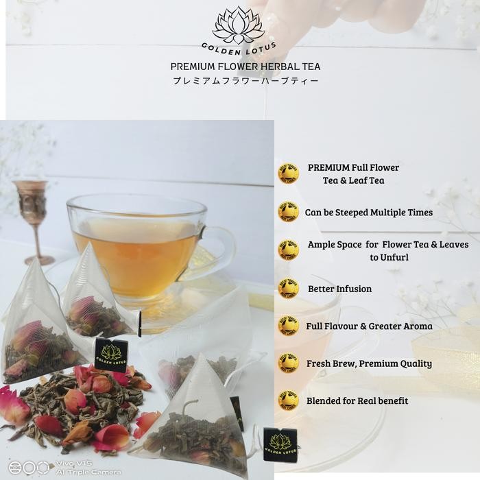 

GOLDEN LOTUS Teh Meredakan Stres Kembung Spearmint Lemon Balm Organic Flower Tea Herbal - Piramid TeaBags, 10 pcs