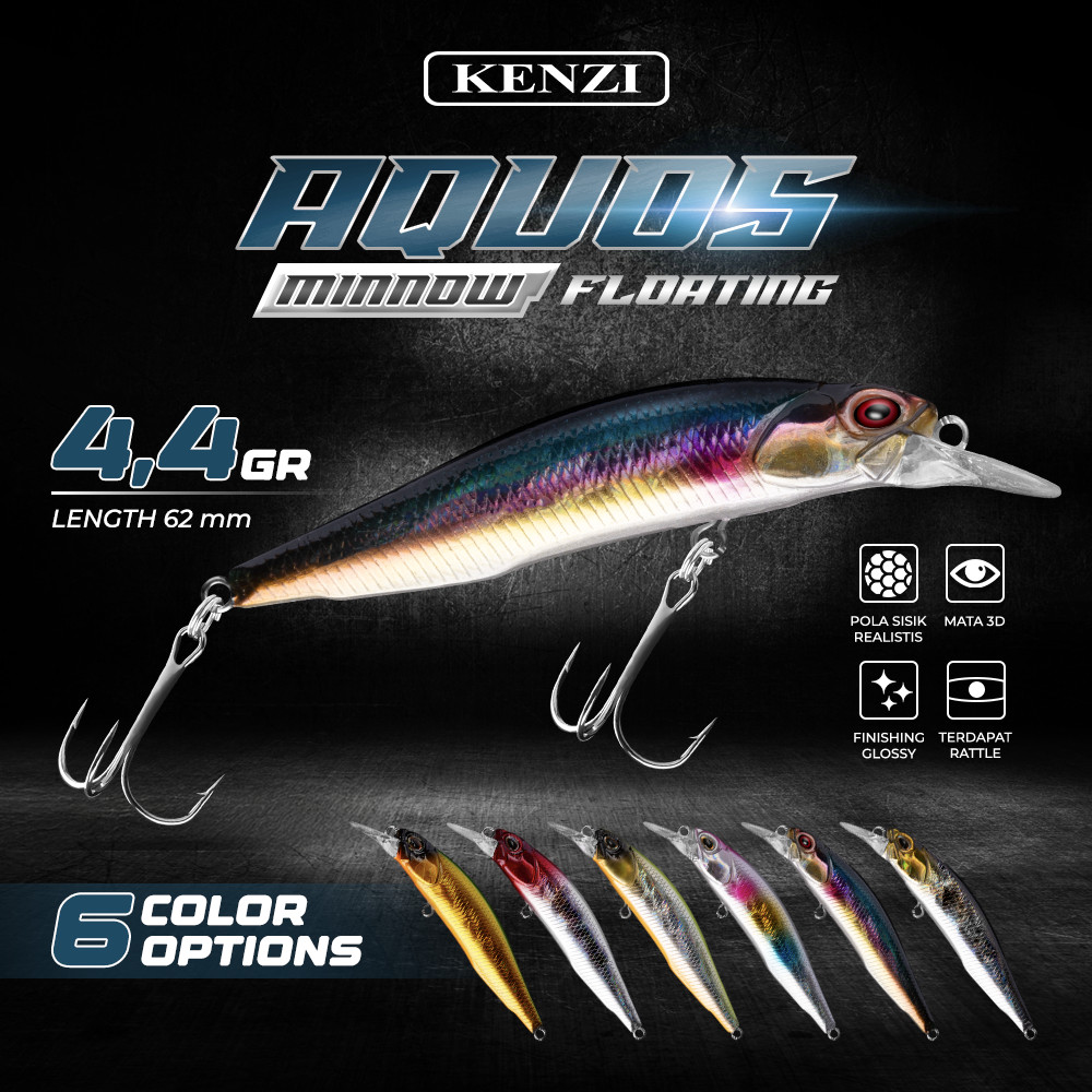 LURE KENZI AQUOS 62mm 4.4gr - MINNOW FLOATING Umpan Pancing Tiruan Ikan Mainan Lures AIr Tawar & Lau