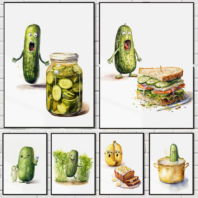 

Cucumber Pickle Art Canvas Painting Whimsical Funny Poster Pickle Watercolor Print Wall Art Picture for Kit en Home Decoration