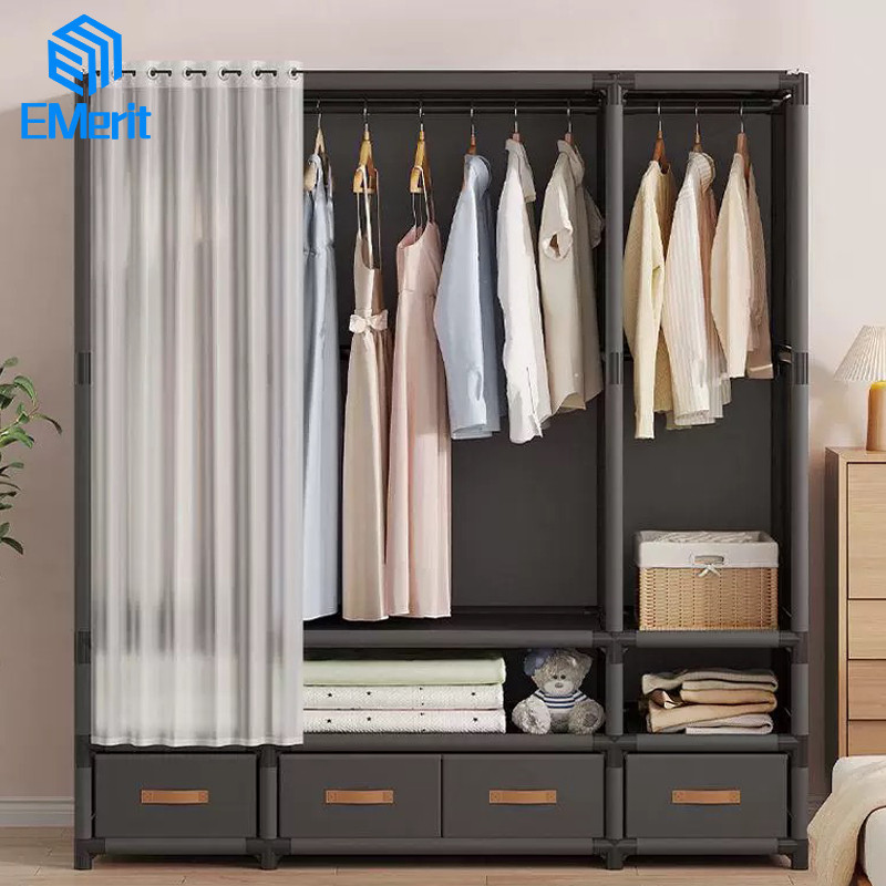 Lemari Pakaian Minimalis Rak Baju Gantung Dengan Gorden Lemari Portable Rak Gantungan Baju Tertutup