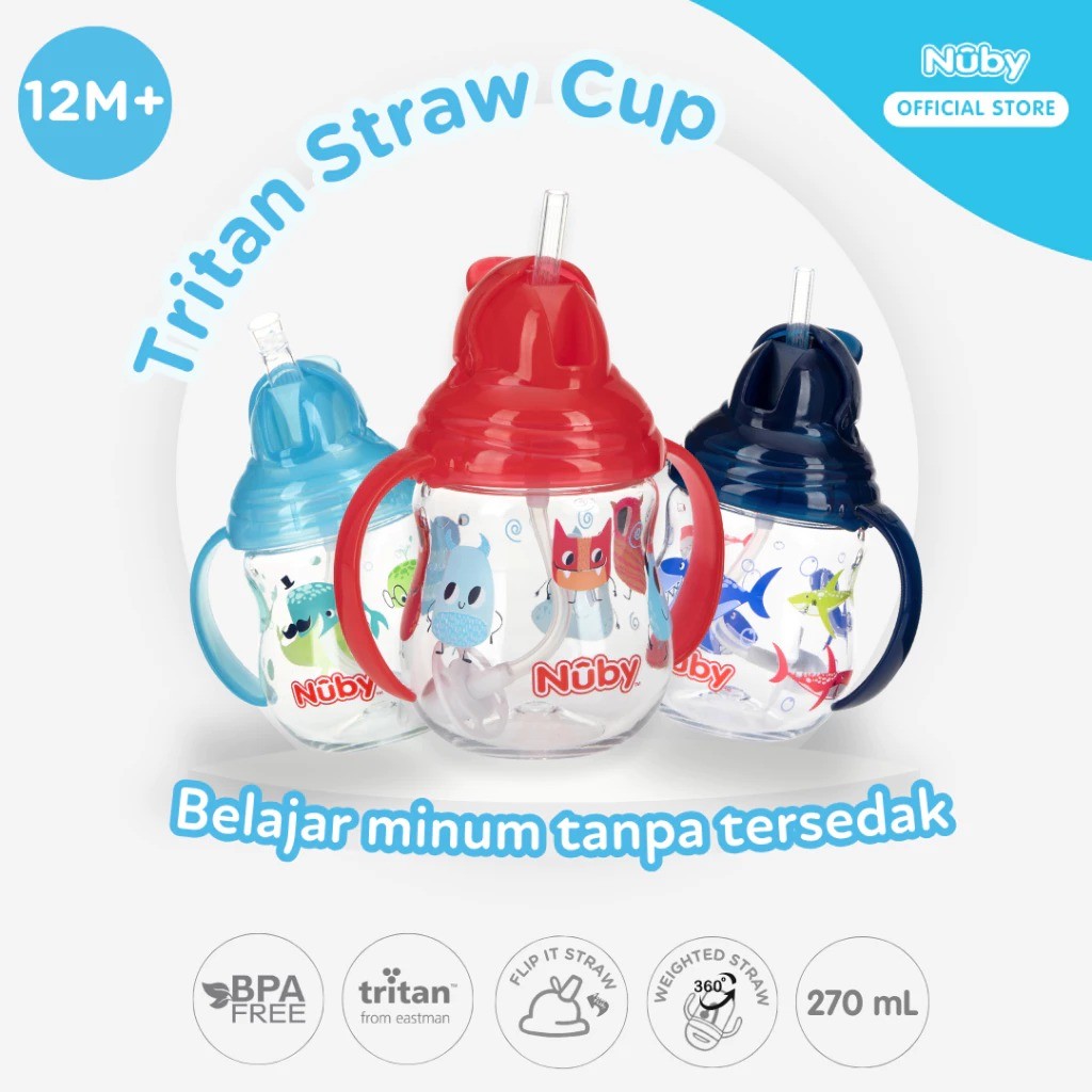 Nuby 360° Tritan Training Straw Cup 270ml 12M+ – Gelas Minum Anak dengan Bola Pemberat | Anti Tumpah