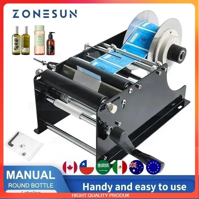 

BEST QUALITY ZONESUN ZS-50 Label Applicator Manual Round Bottle Labeling Machine Beer Can Jar Tube Wine Adhesive Sticker Labeler