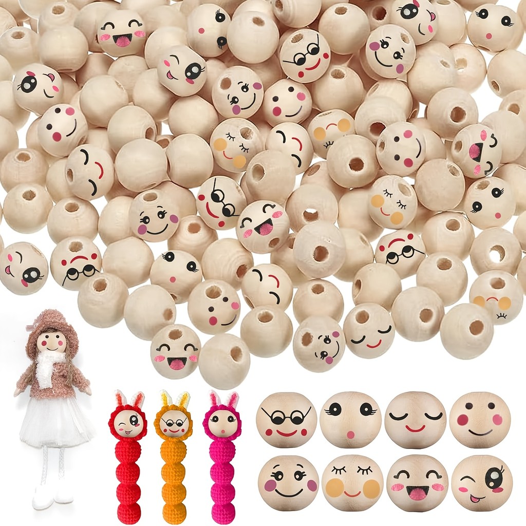

80Pcs Wooden Bead 20mm Round Wood Beads With Hole, Threadable Smiling Face For Crafting DIY Jewelry Bracelet Necklace
