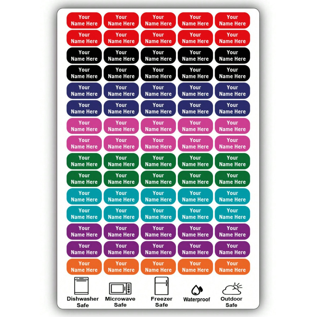 

75 personalized waterproof name tags. Press and stick for versatile, customizable name tags. Customizable with two lines of text