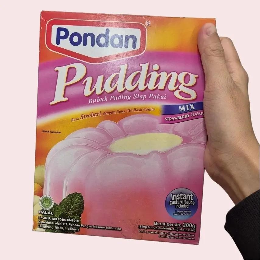

Pondan Pudding Bubuk Pudding Siap Pakai Rasa Strawberry dengan Saus fla Vanila 200gr