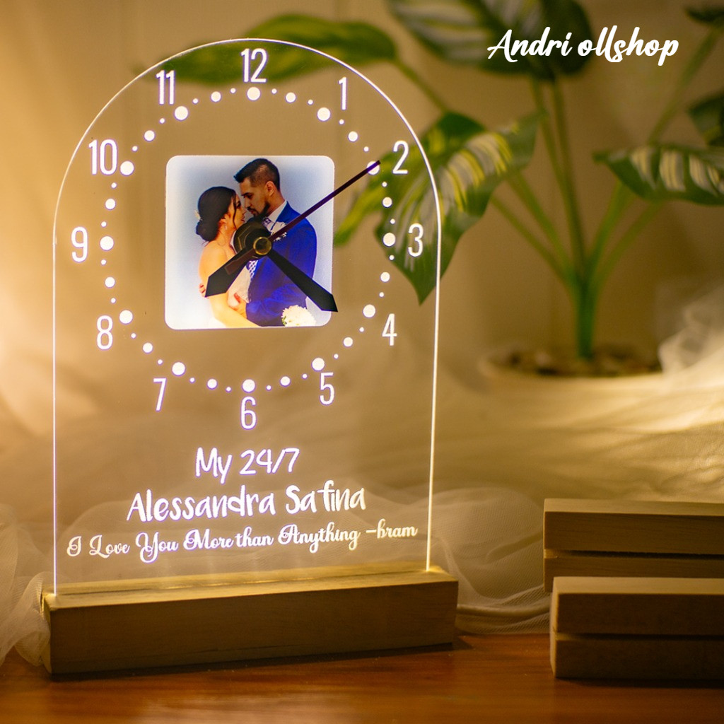 Jam Meja Akrilik Lampu LED Kado Ulang Tahun Cewek Cowok Custom Foto Hadiah AnnivUltah Pacar PREMIUM