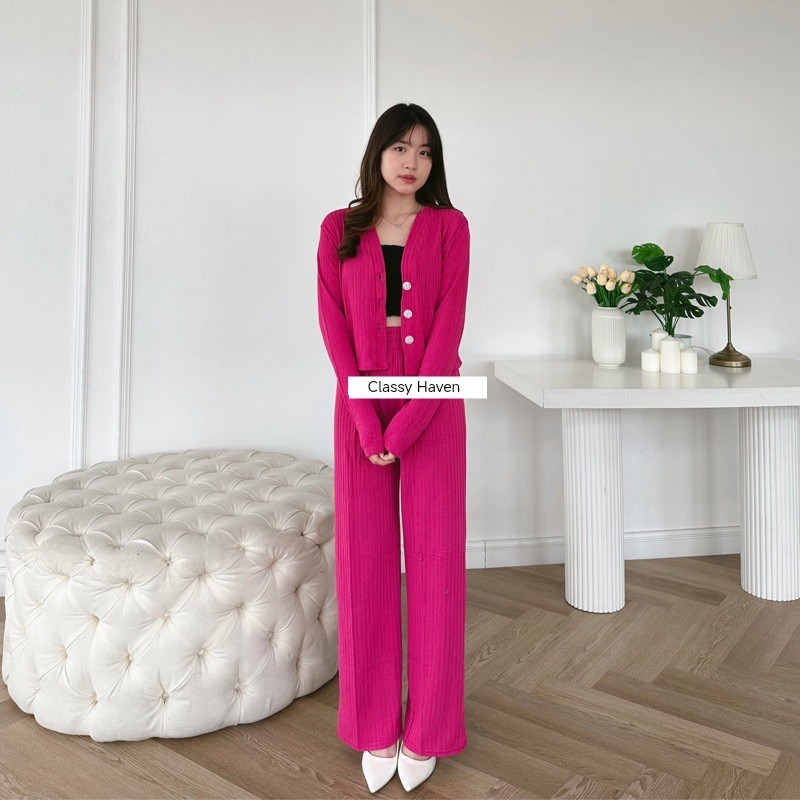 Set Casey Premium Knit (Cardi+Pants) / Setelan Wanita Crop dan Celana Kulot