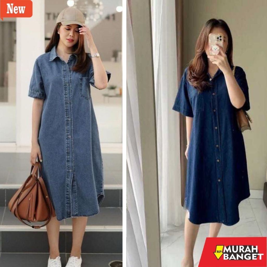 dress wanita kekinian Uxuclo Kemeja Dress Matt Denim Snow Dan Dark Denim Premium Hijab Busui Friendl