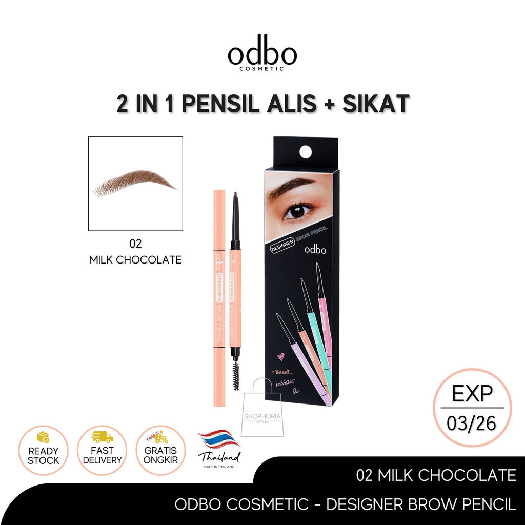 Odbo Cosmetic Pensil + Sikat Alis 2 in 1 Designer Brow Pencil Warna 02 Milk Chocolate Original Thail