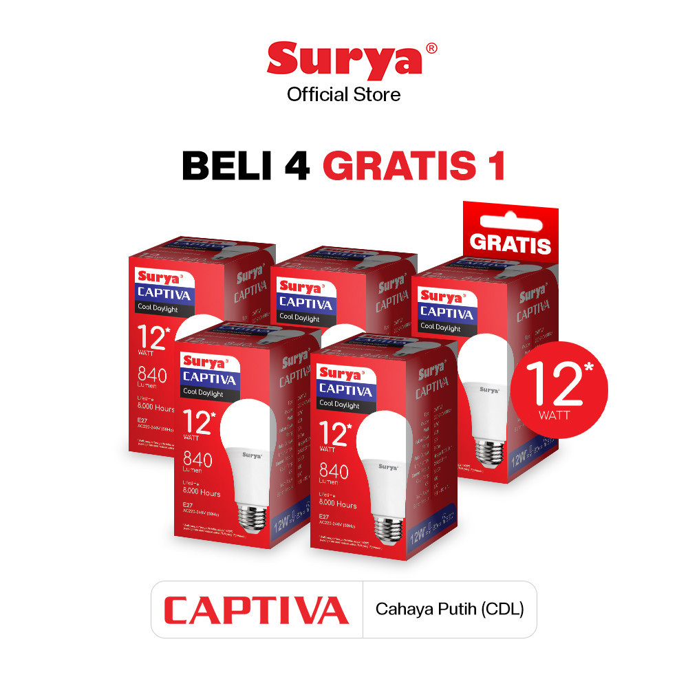 Surya Lampu Bohlam LED Captiva 12 Watt Cahaya Putih (Beli 4 Gratis 1)