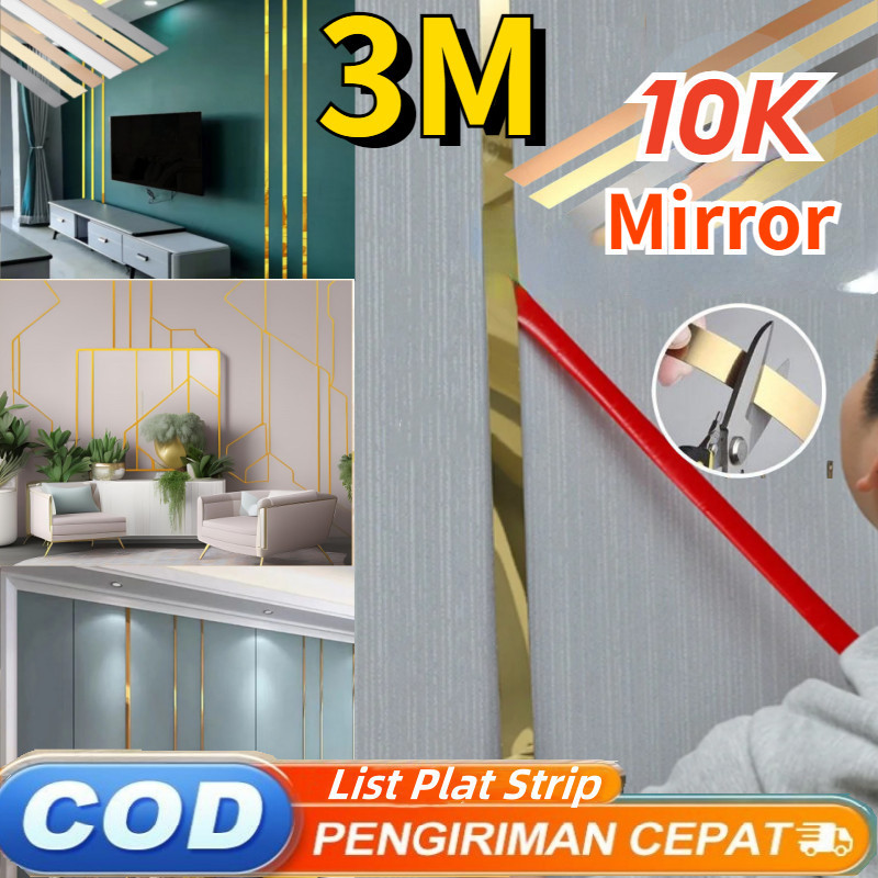 【Ready Stock】3M 10K List Plat Strip Mirror Gold  Hiasan Dinding Aesthetic List Gold Wall Molding