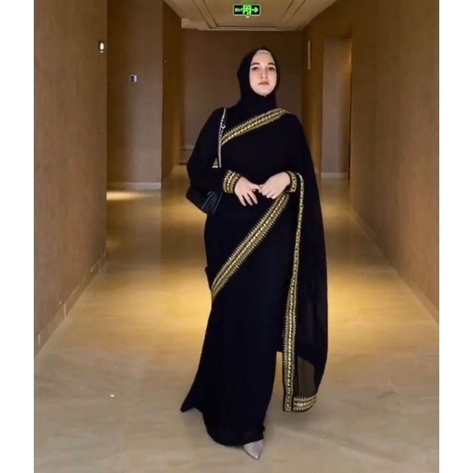 55. Gamis Sari India Bordir Kombinasi Bahan Ceruty Premium Tanpa Set Kerudung Hitam